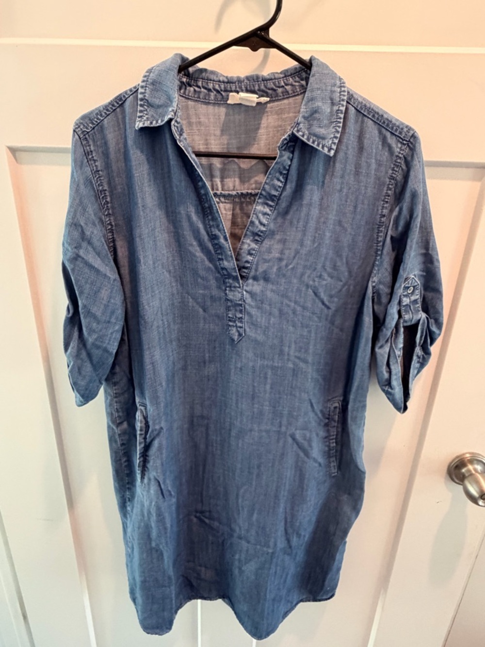 LOFT Outlet Chambray Tunic Dress Medium Blue Lyocell Roll Tab Sleeve Casual
